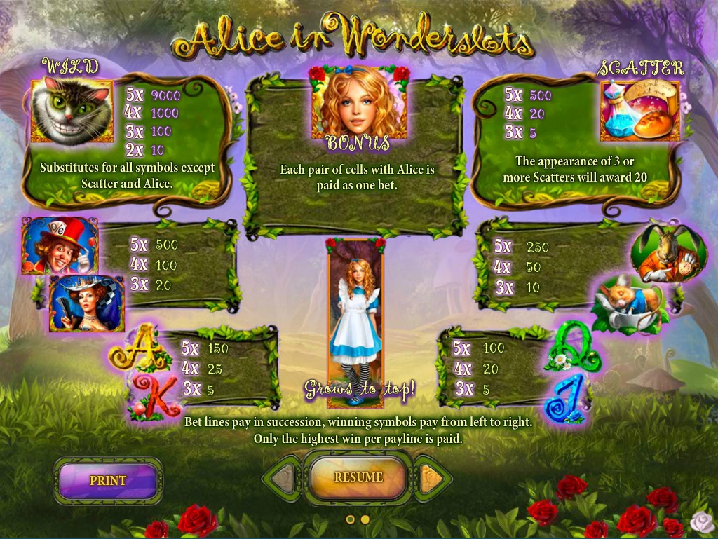 Alice in Wonderslots paytable