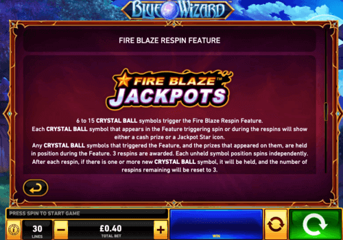 Blue Wizard Fire Blaze Jackpots Slot Features