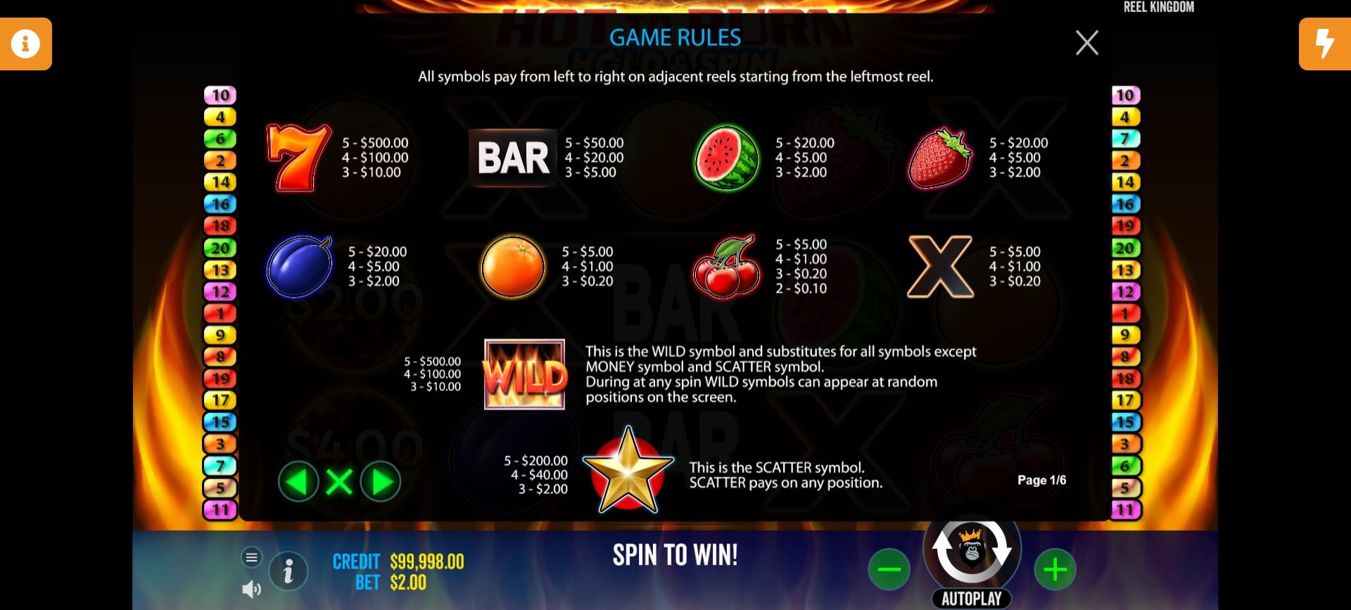 Hot To Burn Hold & Spin Slot Paytable