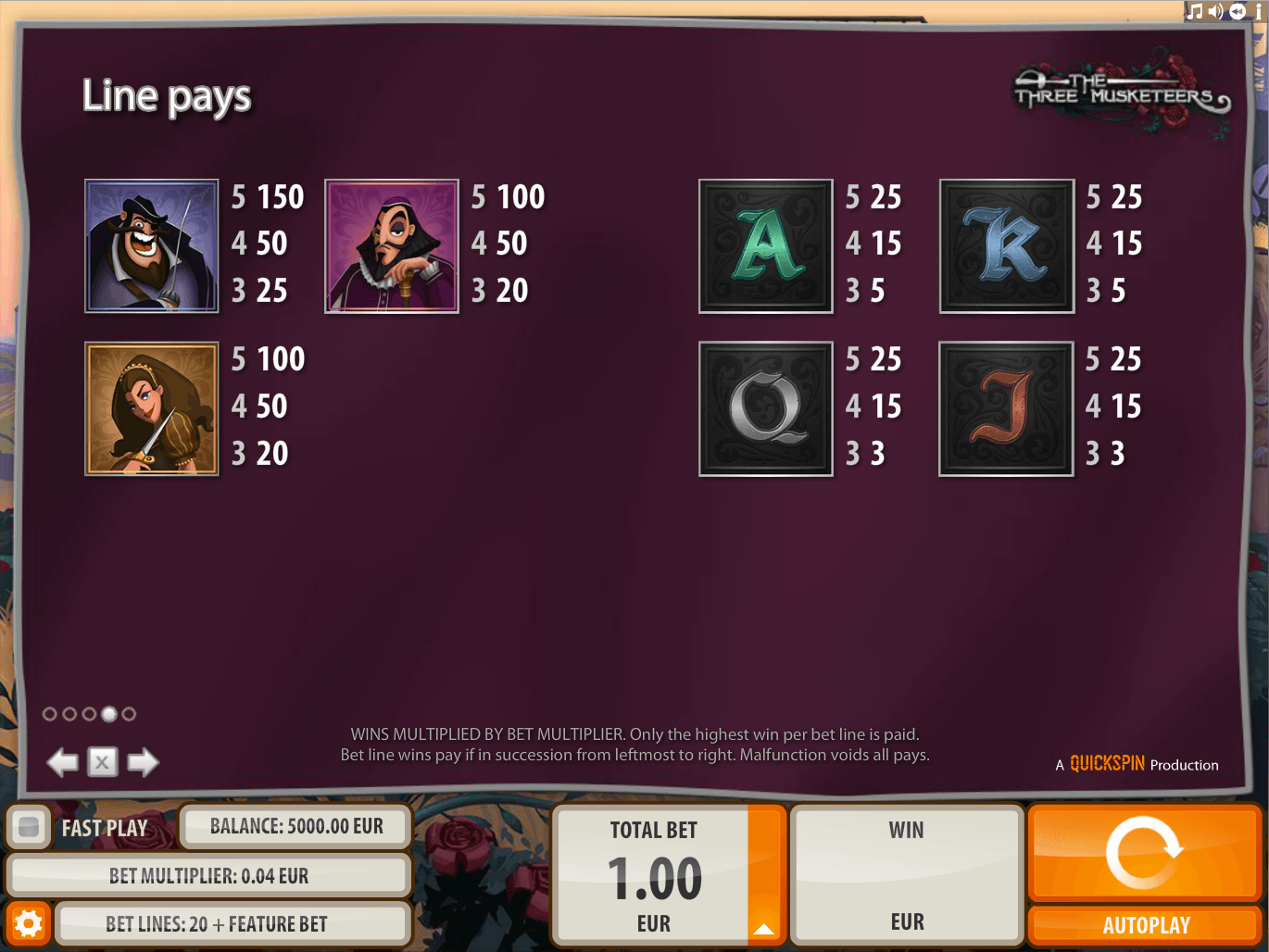 musketeer slot paylines